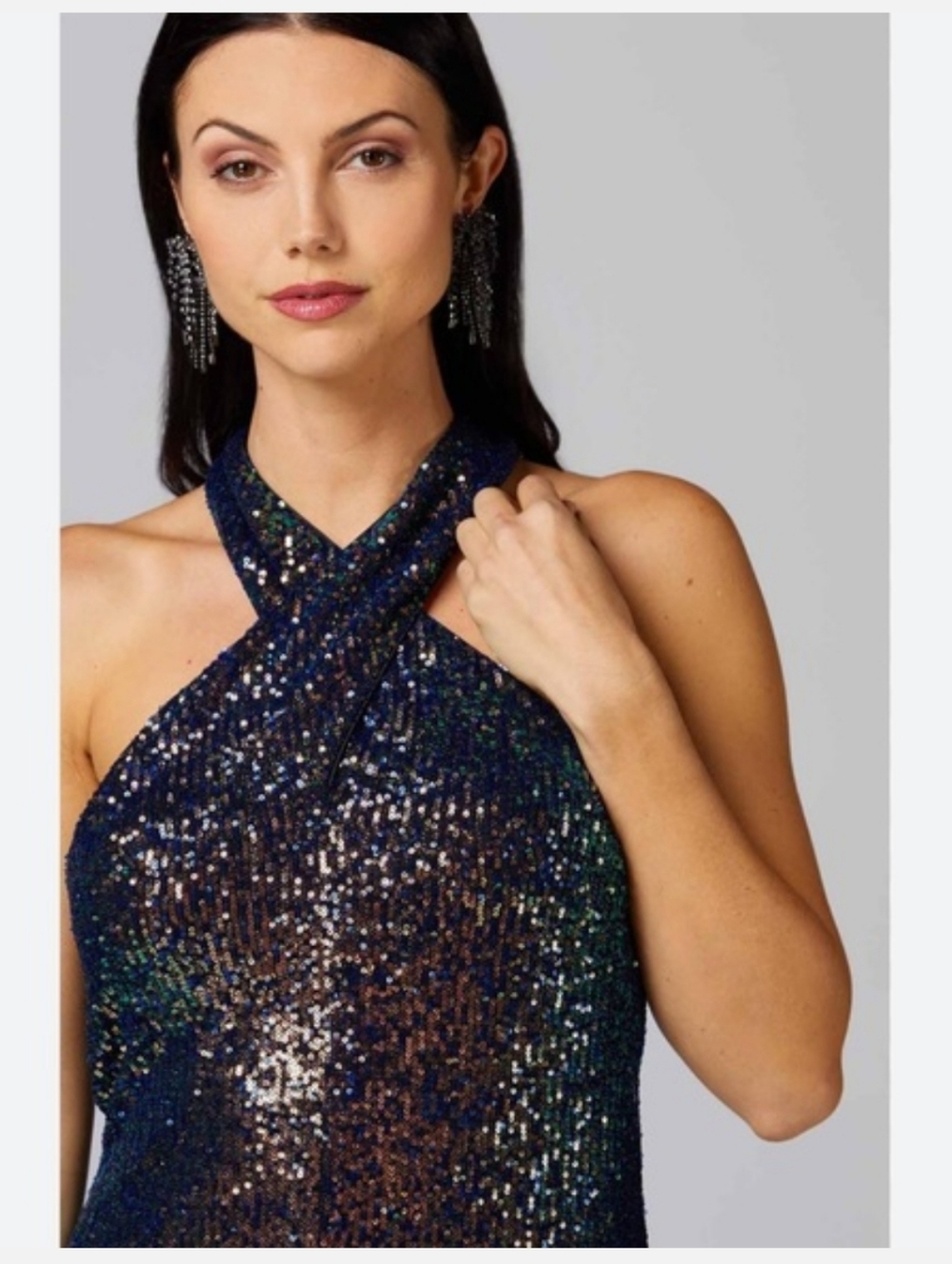 Caché Sequin Halter Mini Dress Iridescent Women's XS Mermaidcore Retro Stretch - Picture 9 of 9